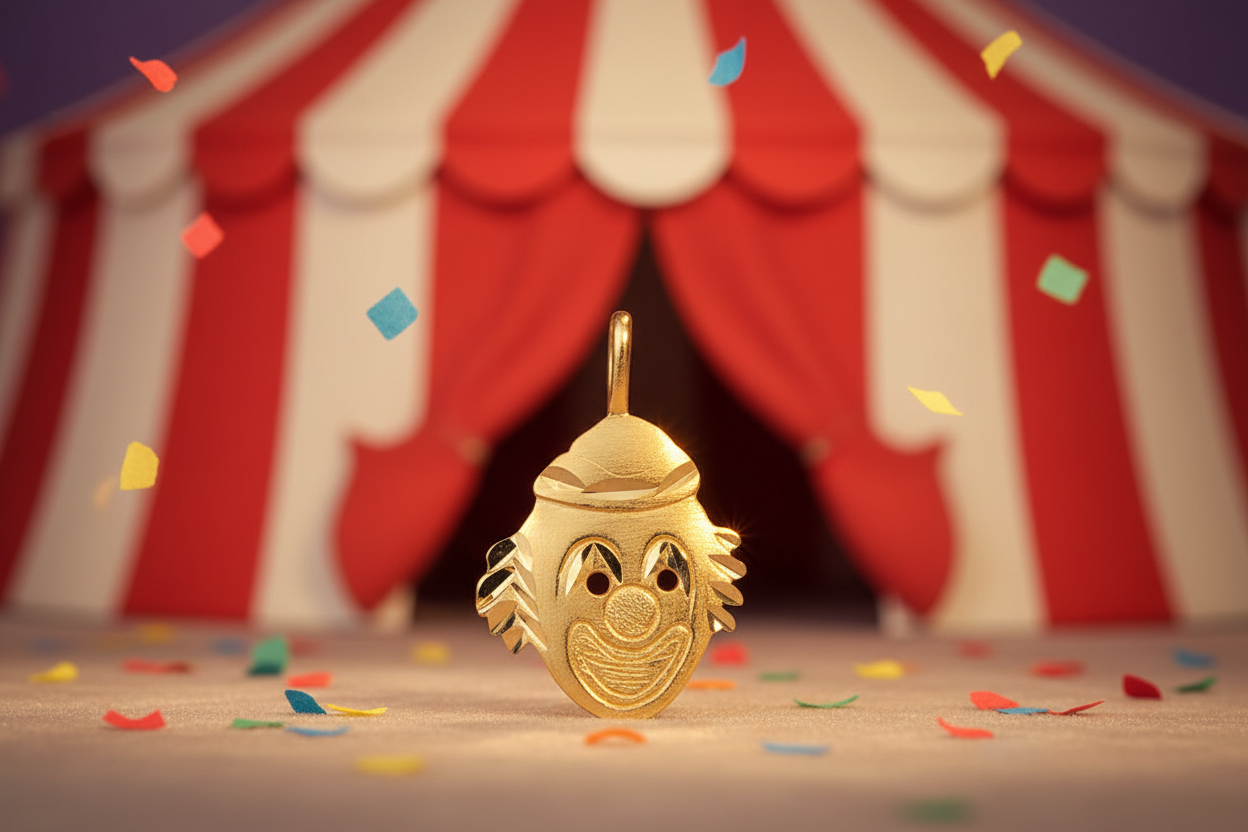14K yellow gold diamond-cut clown pendant charm against a circus-themed background