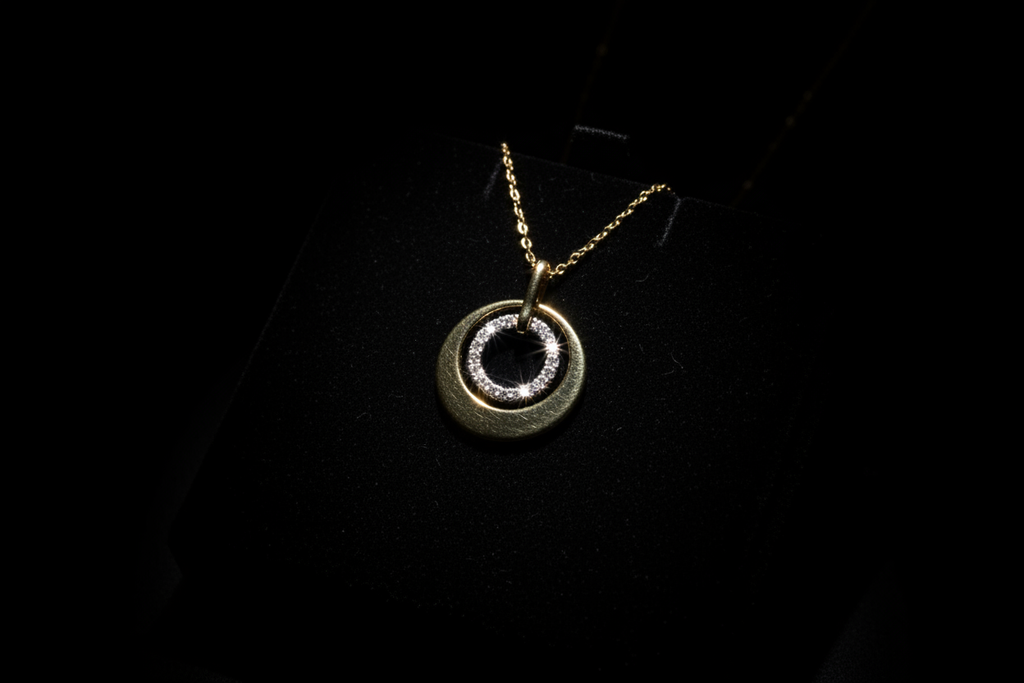 14kt two-tone double circle pavé diamond pendant, dark and moody editorial jewelry photo