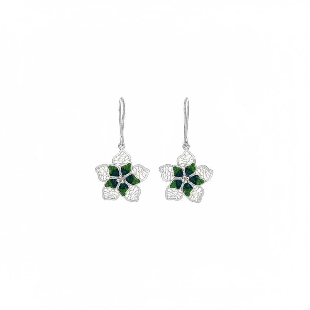 Sterling silver hand-spun filigree green enamel flower drop earrings on white background