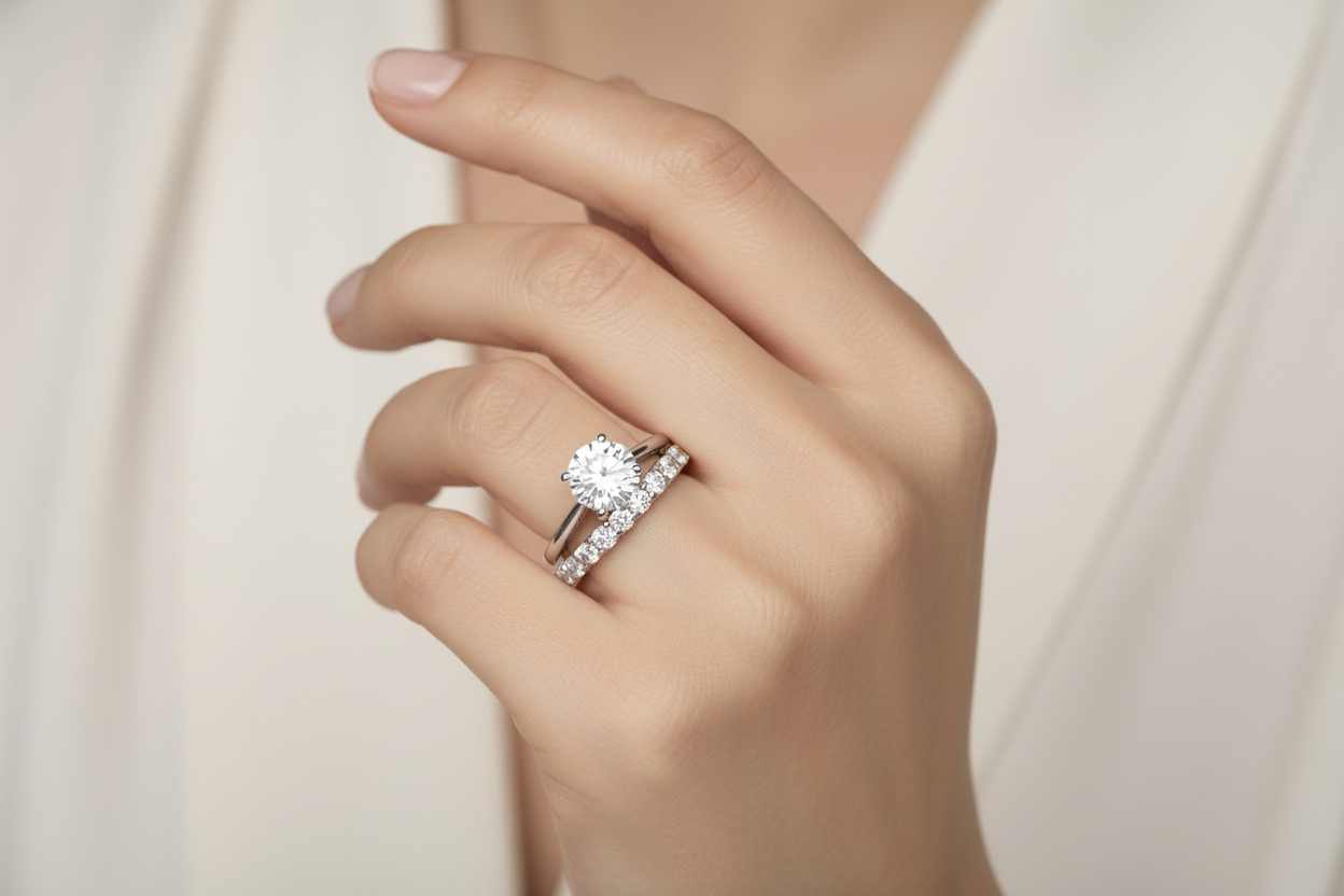 14K white gold diamond wedding band stacked with round solitaire engagement ring