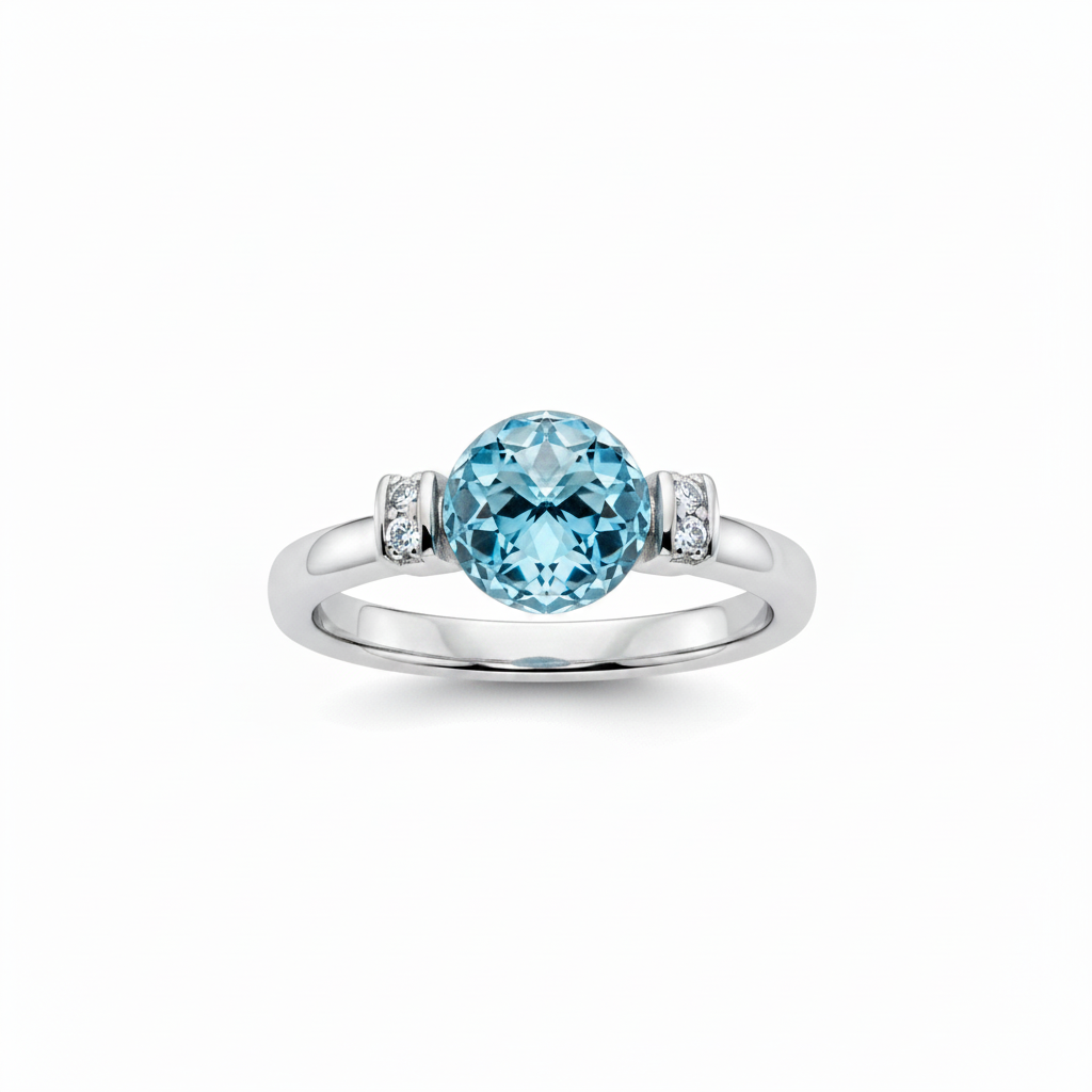 Sterling silver ring with highly faceted transparent blue topaz crystal ball center stone in spinning setting with cubic zirconia bar shoulders, suspended on white background
