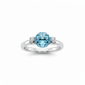 Sterling silver ring with highly faceted transparent blue topaz crystal ball center stone in spinning setting with cubic zirconia bar shoulders, suspended on white background