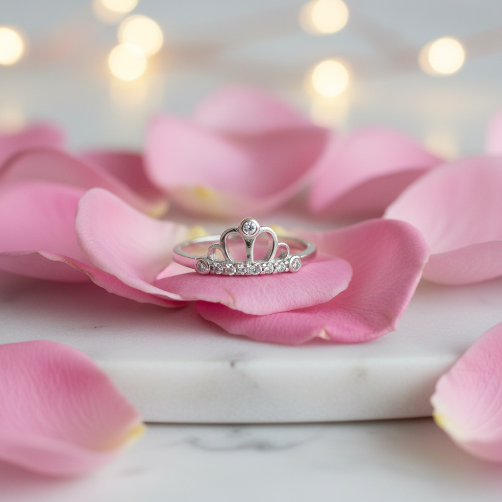 Sterling silver CZ crown tiara ring on pink rose petals on white marble with fairy light bokeh, editorial jewelry photography