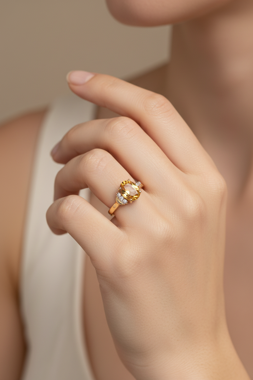 Oval citrine and diamond accent ring in 14kt yellow gold worn on model's hand, true to life scale, lifestyle shot