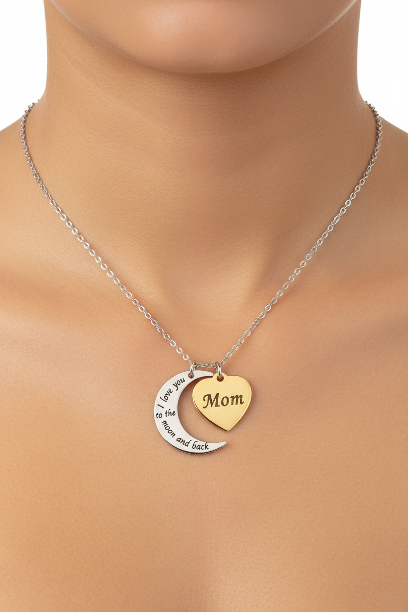 Two-tone I Love You Mom to the Moon and Back pendant necklace worn on model showing true to scale length