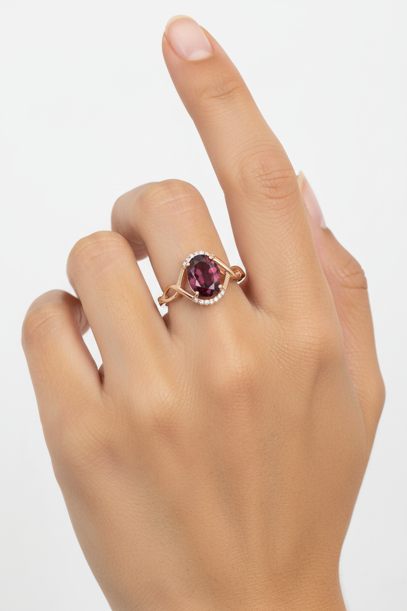 10K rose gold oval rhodolite garnet ring with diamond accents worn on model's hand