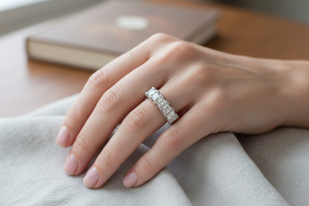 5-stone square step-cut platinum diamond band worn on hand, lifestyle shot true to life size