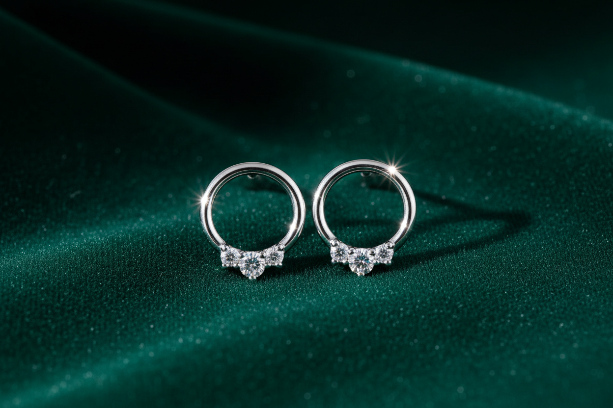 14K white gold three-diamond open circle stud earrings on rich deep emerald green velvet fabric