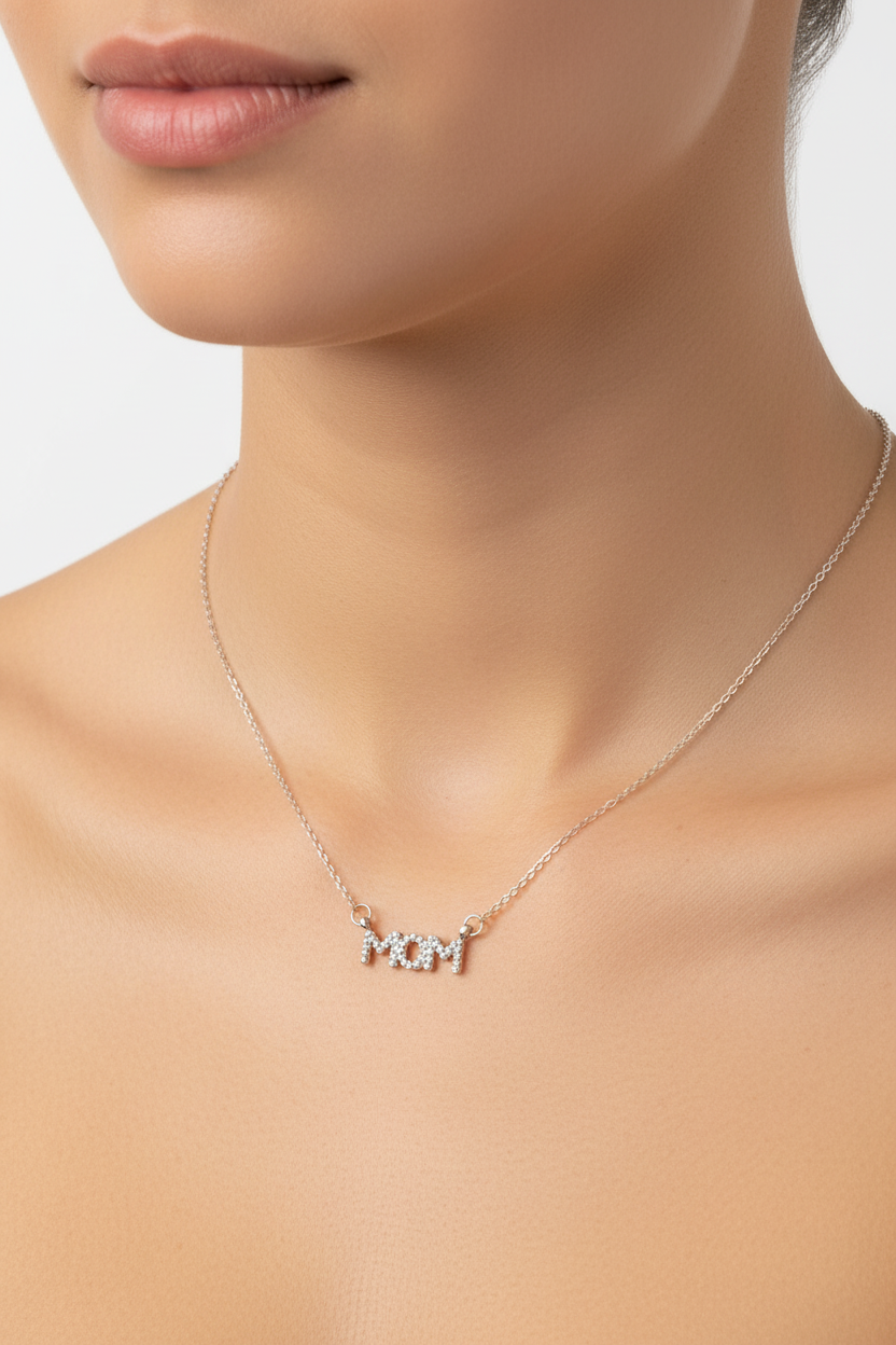 Silver-tone crystal pavé MOM necklace worn on model showing true to scale 18 inch length