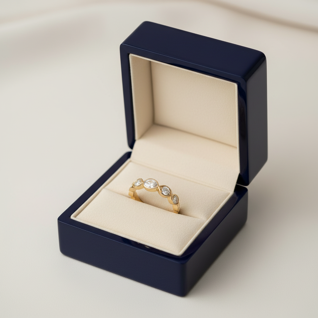 14K Yellow Gold Diamond Wedding Band displayed in a luxury velvet ring box