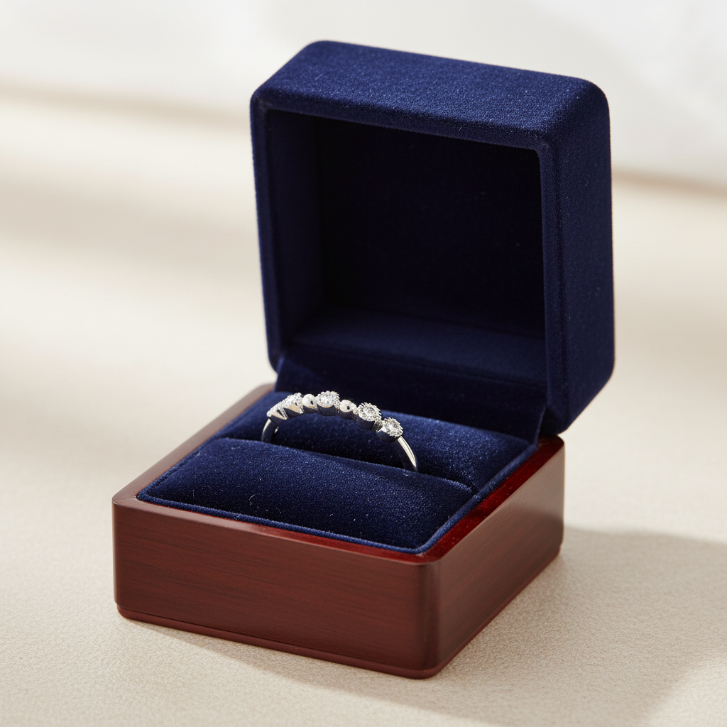 Low profile 14K white gold diamond wedding band displayed in a luxury velvet ring box