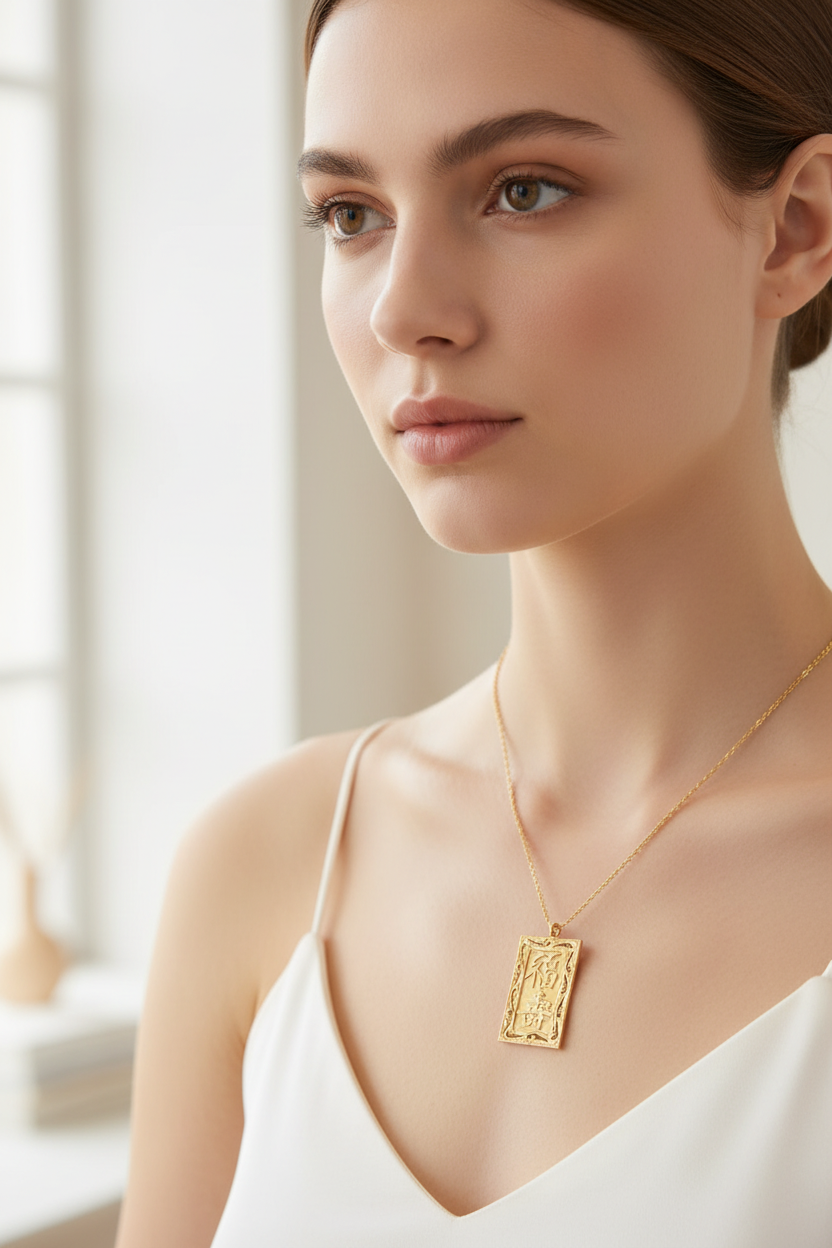 14K Yellow Gold Asian Pendant on Model