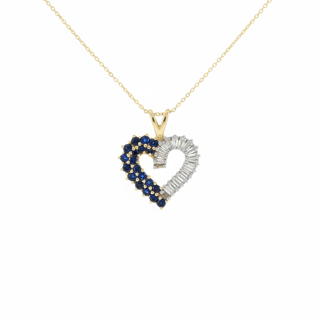 10K yellow gold blue sapphire and baguette diamond open heart pendant necklace on white background