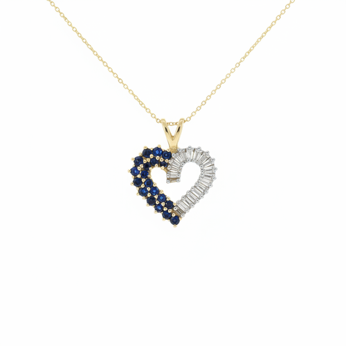 10K yellow gold blue sapphire and baguette diamond open heart pendant necklace on white background