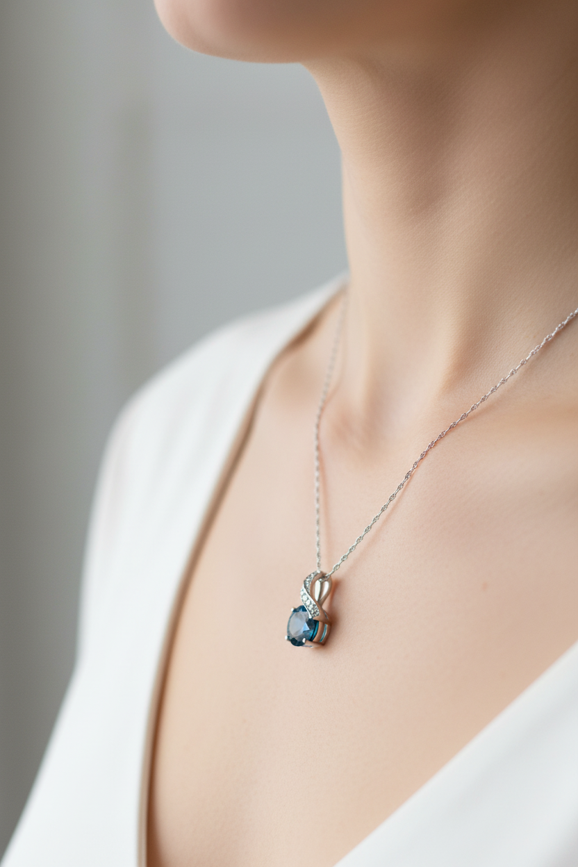 Round London Blue Topaz and pavé diamond wave accent pendant necklace in 14kt white gold worn on model's neckline, lifestyle shot