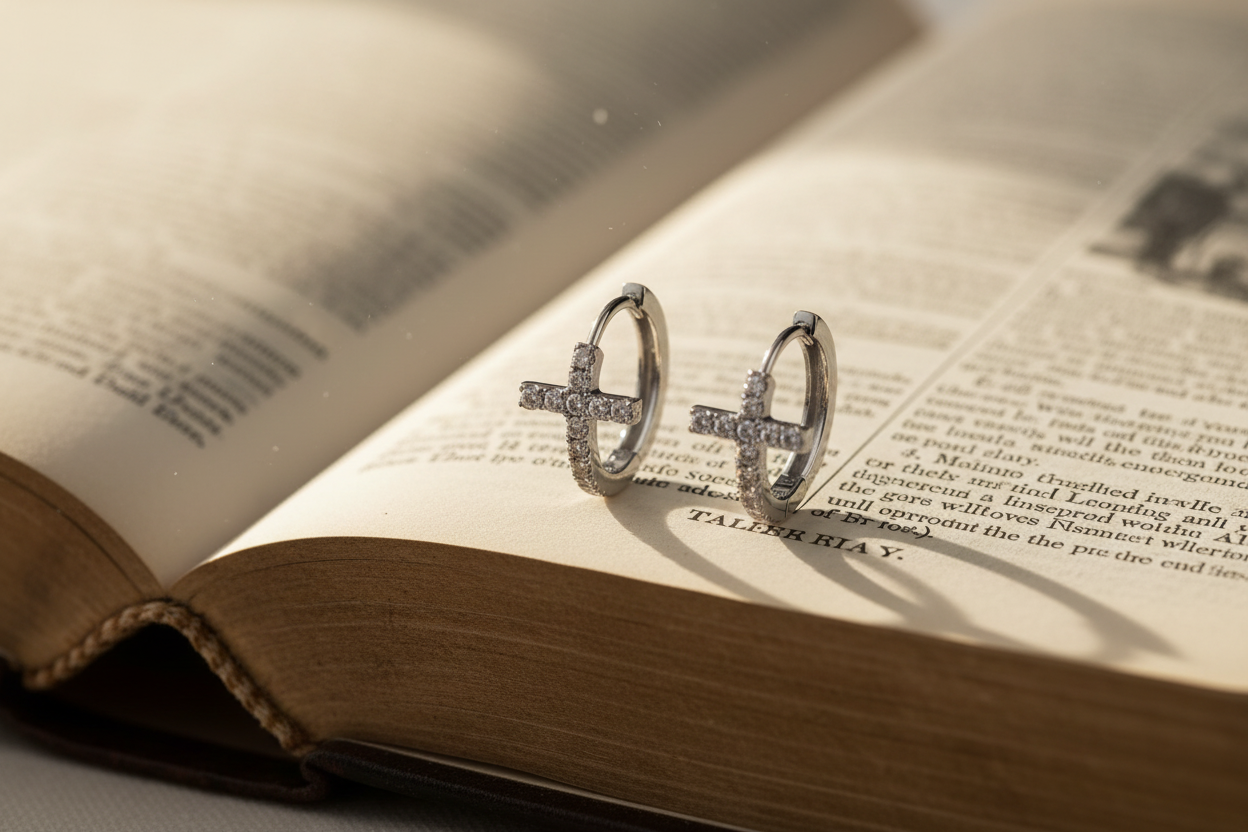 14K white gold diamond cross hoop earrings resting on an open Bible with warm soft light