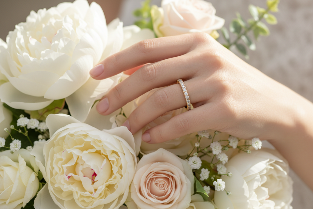 14K yellow gold micro-pavé straight diamond wedding band with soft white bridal flowers