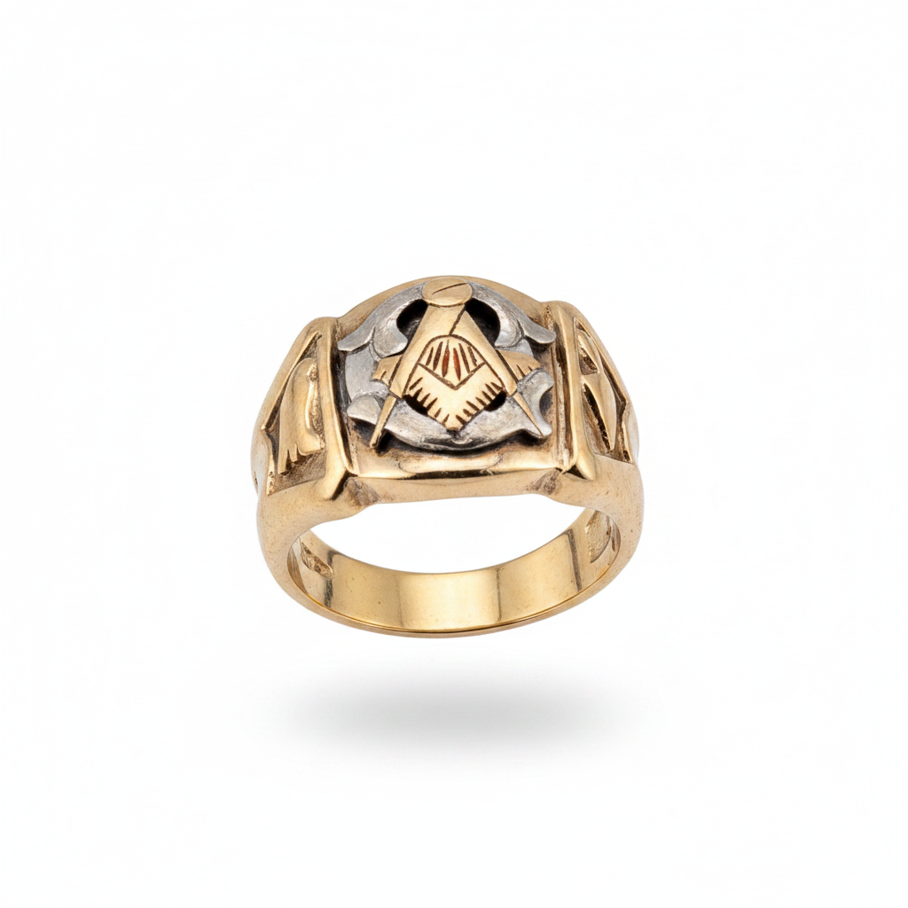 Men's two-tone Masonic ring in 10K yellow gold floating on white background