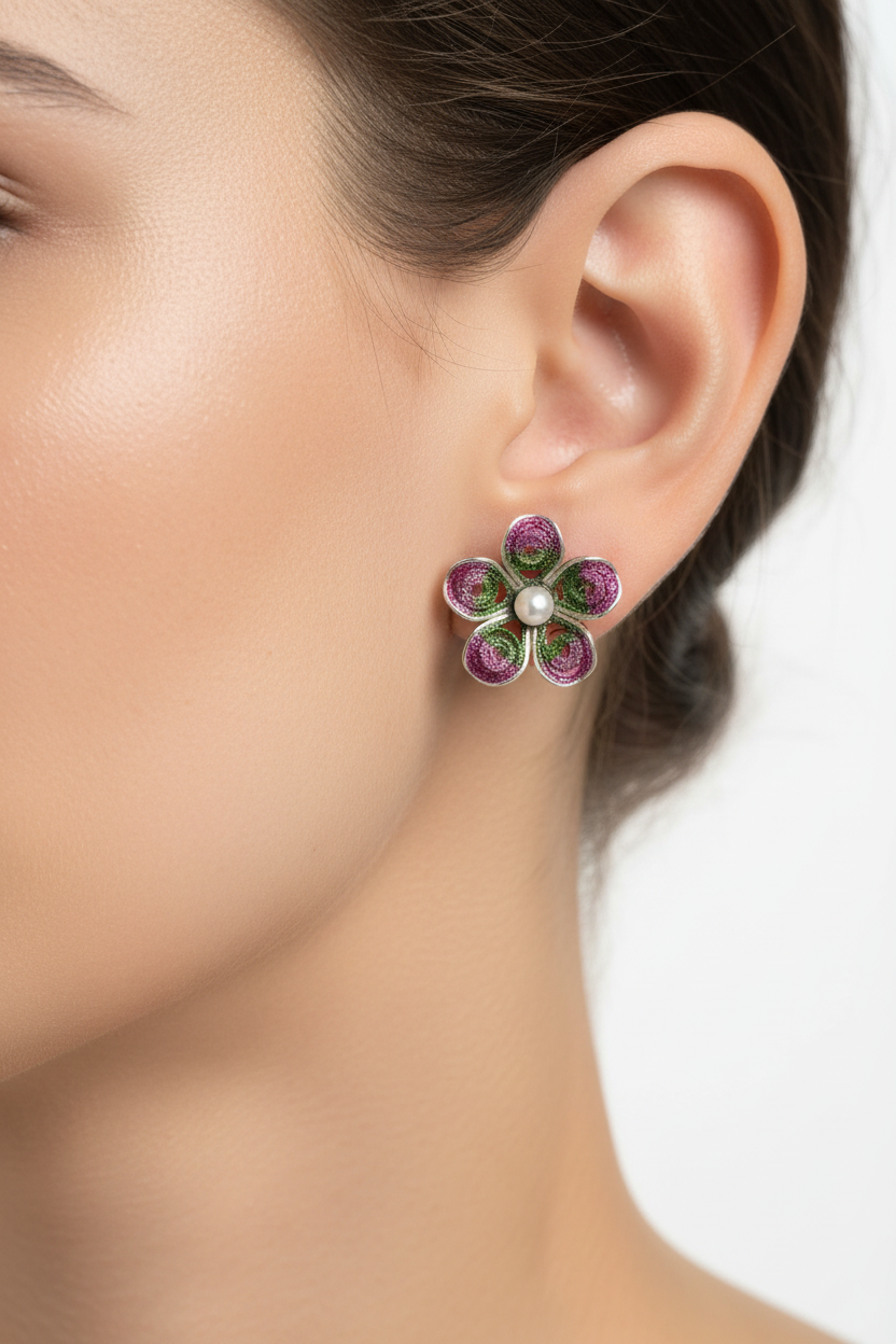 Sterling silver hand-spun filigree purple and green enamel flower stud earrings worn on model