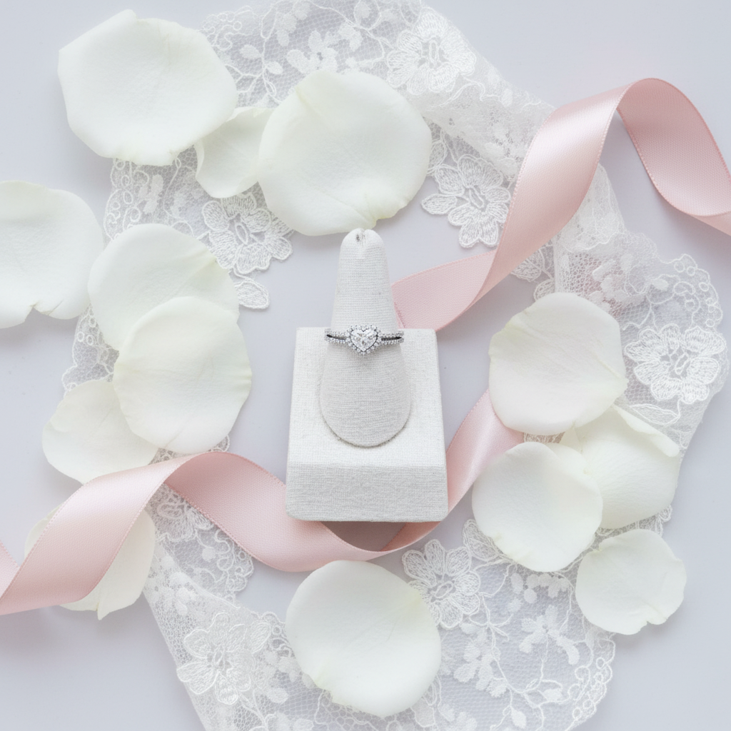 1.00ctw heart shaped diamond halo engagement ring in 14kt white gold styled in romantic wedding flat lay with rose petals and lace