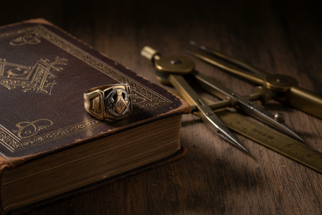 Men's Masonic ring displayed with vintage Masonic book and compass tools