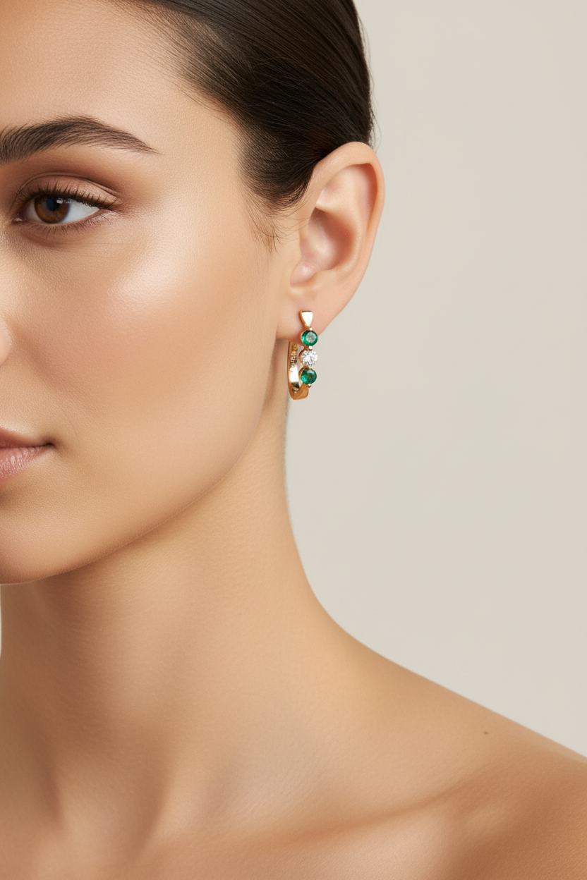 Model wearing 14K yellow gold elongated hoop earrings with emeralds and diamonds, close-up true to life scale
