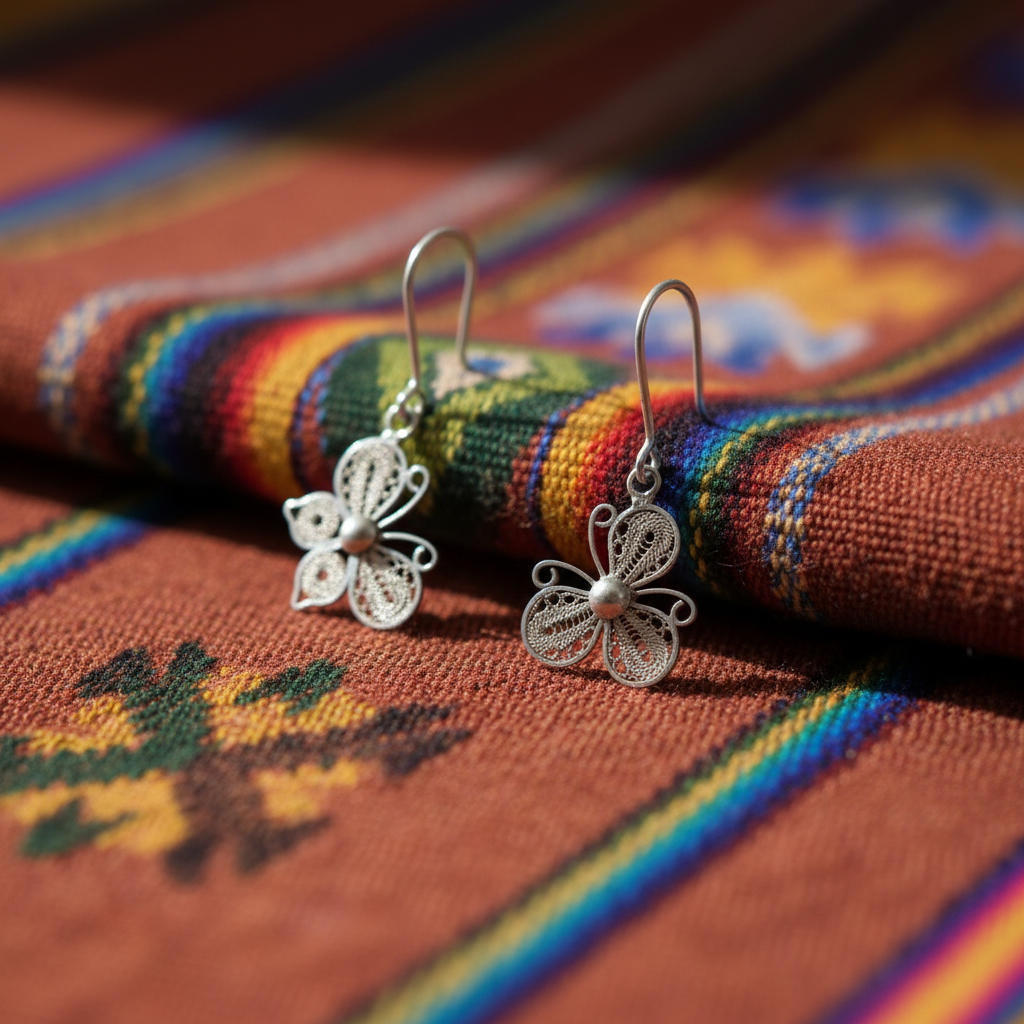 Sterling silver filigree butterfly drop earrings styled on colorful handwoven Andean textile, Ecuador-inspired artisan lifestyle photography