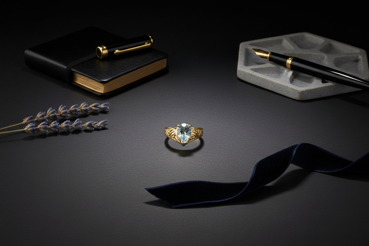 10K yellow gold pear aquamarine V-band engraved ring on dark surface flat lay