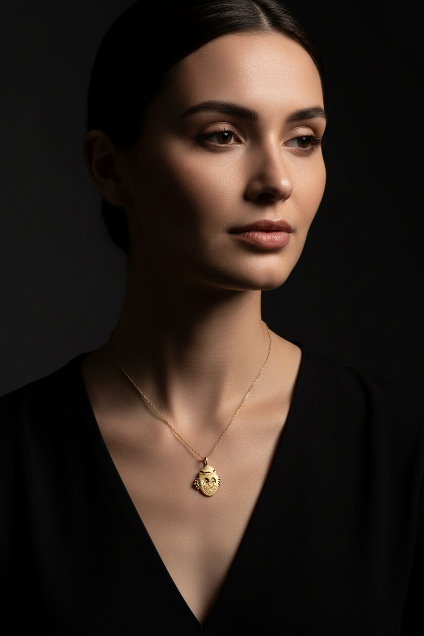 Model wearing petite 14K yellow gold diamond-cut clown pendant charm on a fine gold chain against a dark background