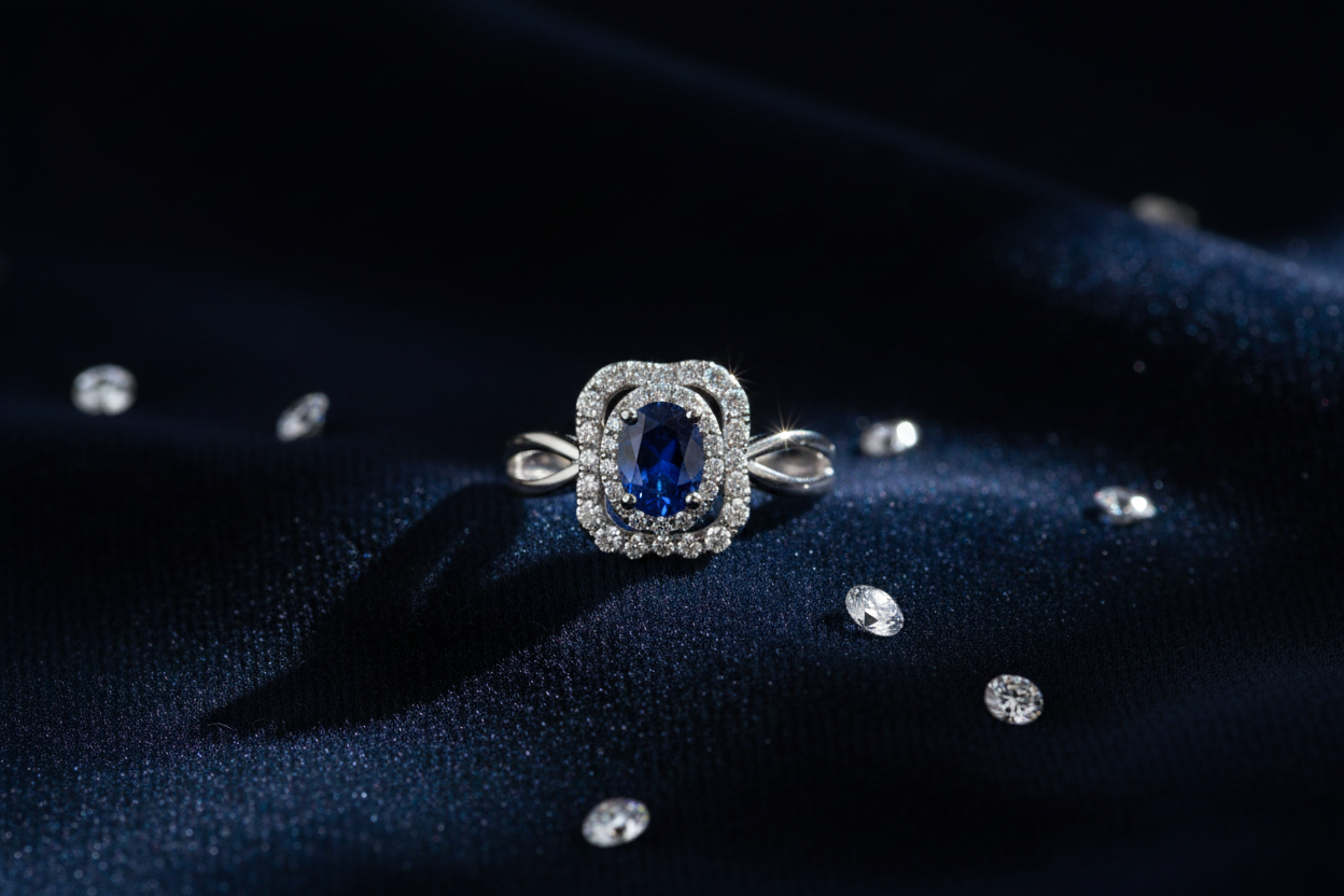 14K white gold oval blue sapphire double diamond halo ring with twisted split shank on dark navy velvet with scattered diamonds, moody editorial photo
