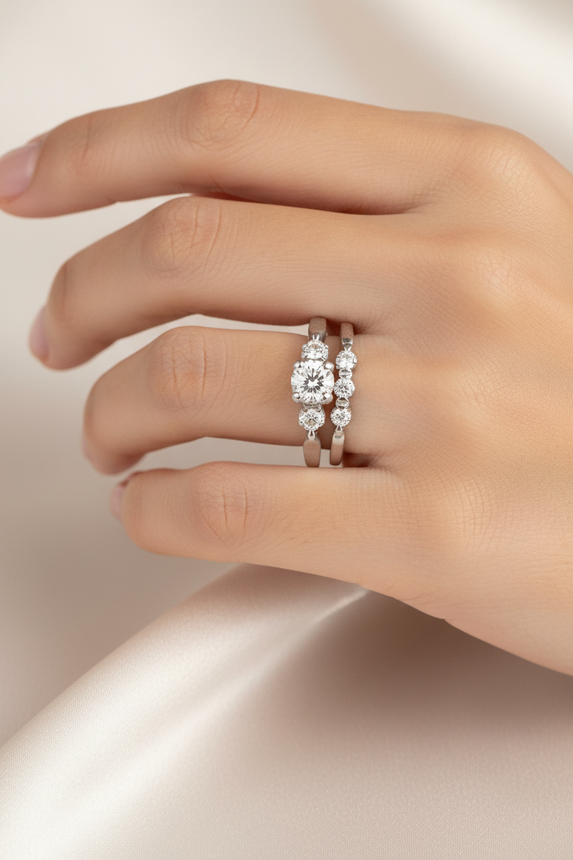 Platinum Diamond Bridal Set - On Model's Finger v3