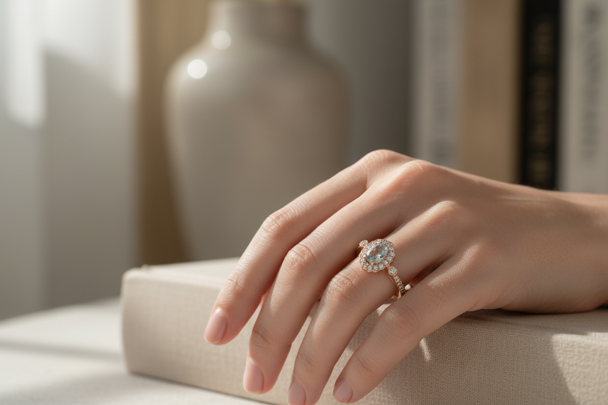 14K Rose Gold Oval Aquamarine & Diamond Halo Vintage Ring worn on model's hand