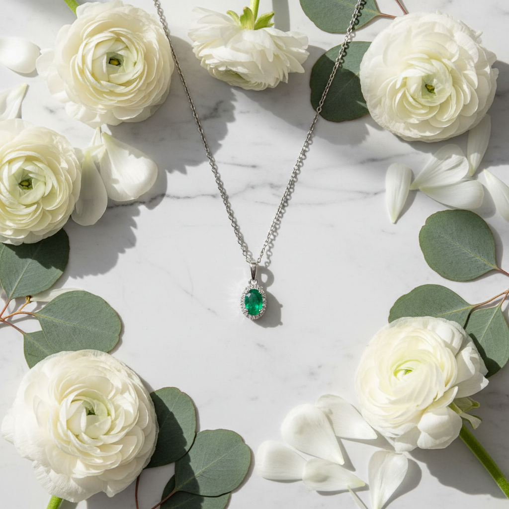14K white gold oval emerald and diamond halo pendant spring flat lay with ranunculus flowers on white marble