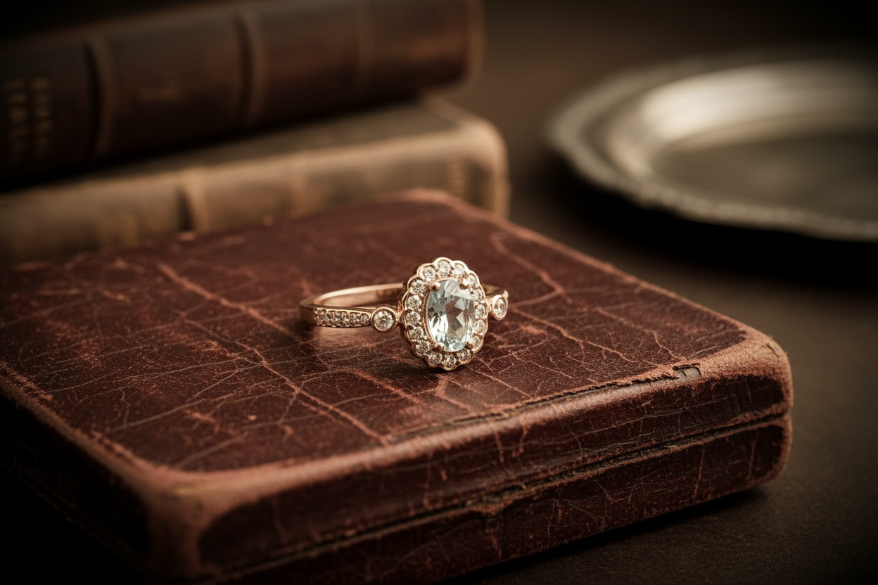 14K Rose Gold Oval Aquamarine & Diamond Halo Vintage Ring antique style photo