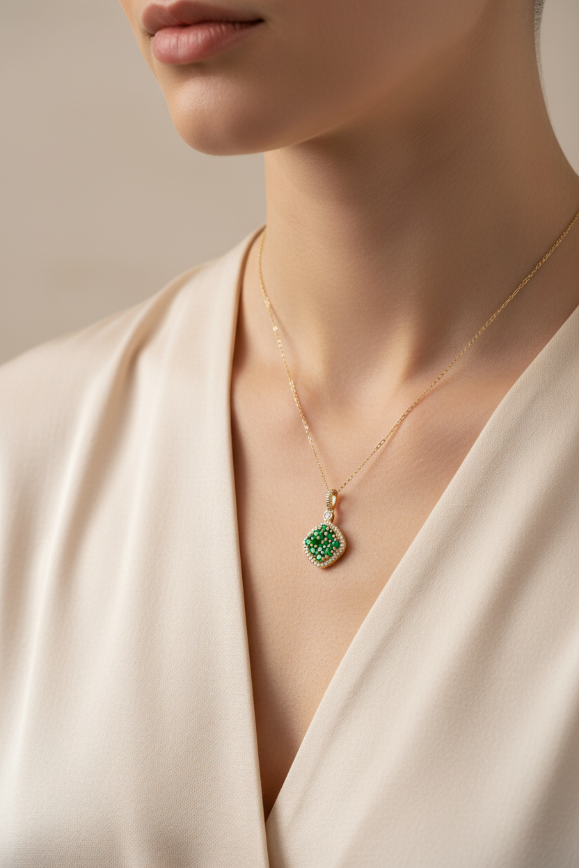 Model wearing 14K yellow gold emerald cluster and diamond halo pendant, true to life scale lifestyle shot