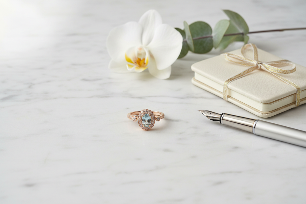 14K Rose Gold Oval Aquamarine & Diamond Halo Vintage Ring flat lay on marble