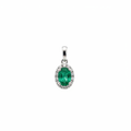 14K white gold oval emerald and diamond halo pendant on white background