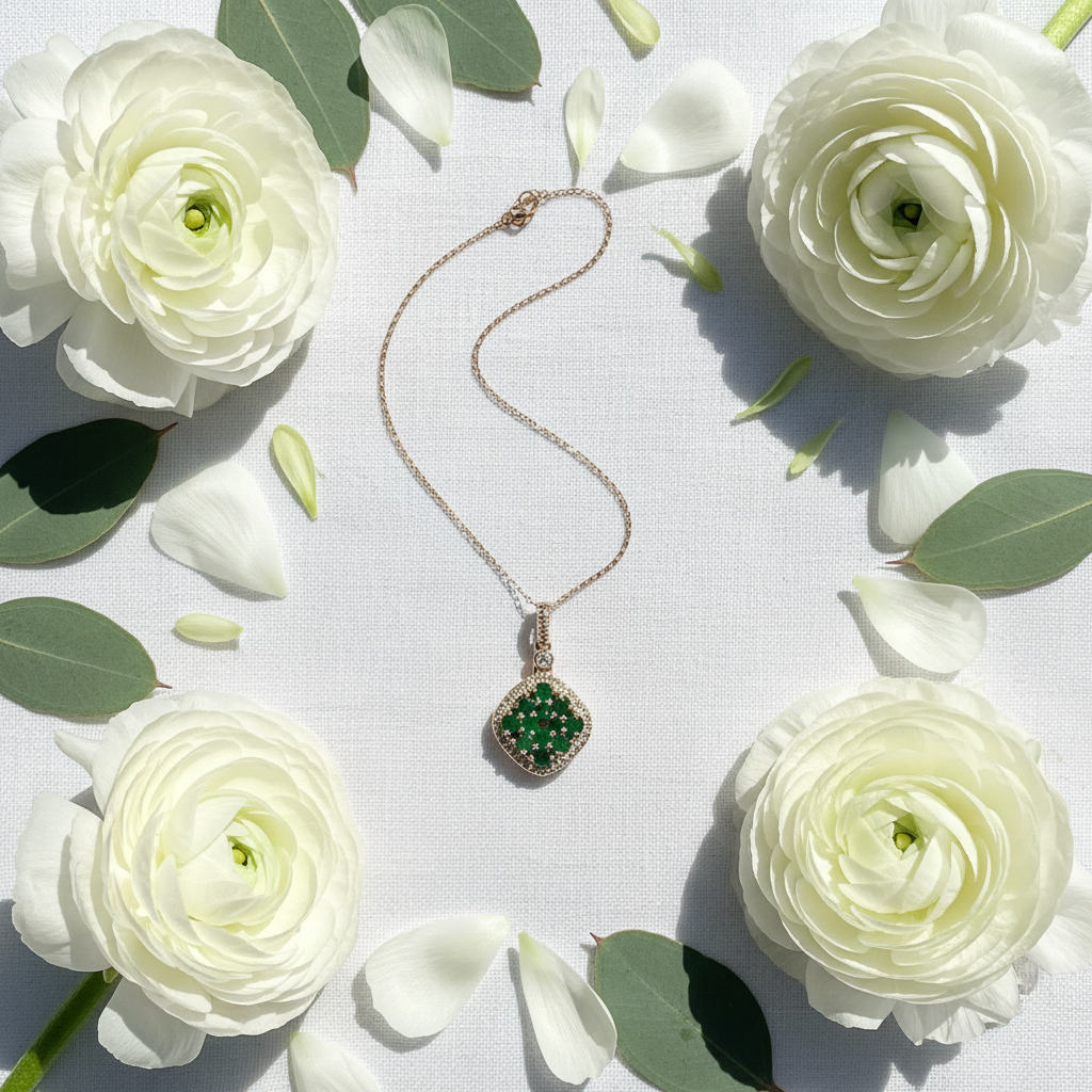 14K rose gold cushion emerald cluster pendant spring flat lay with ranunculus flowers on white linen