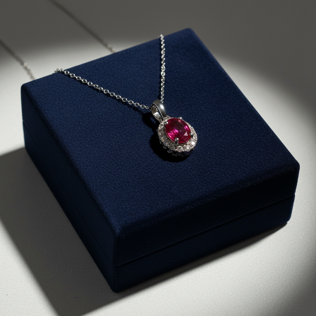 Oval ruby and diamond halo pendant in 14kt white gold draped over navy velvet jewelry box, editorial photography