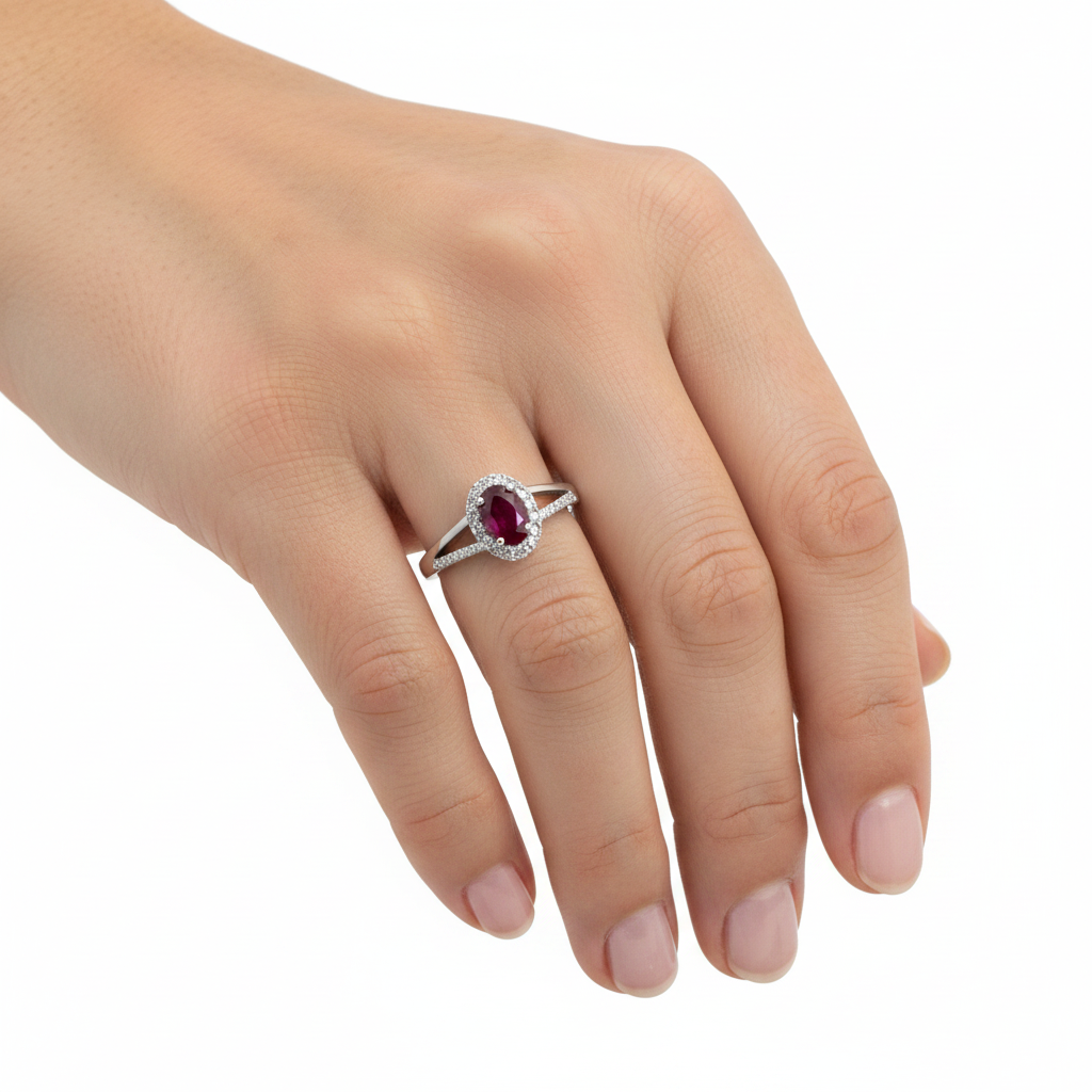 Oval ruby and diamond halo ring in 14kt white gold worn on hand, true to scale