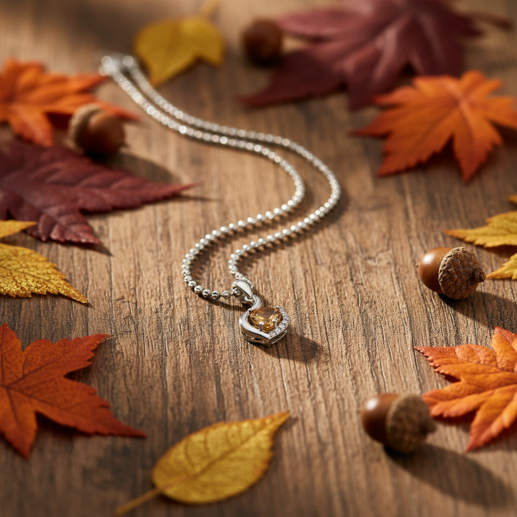 Heart shaped citrine and white topaz swirl pendant necklace in sterling silver styled in fall autumn leaves flat lay