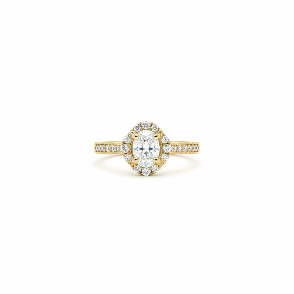 14K yellow gold oval halo engagement ring on white background