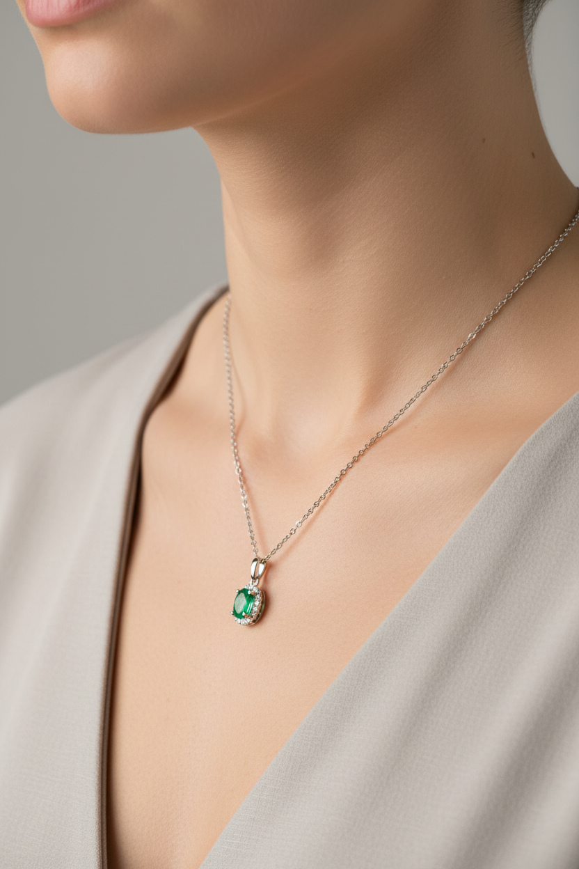 Model wearing 14K white gold oval emerald and diamond halo pendant, true to life scale lifestyle shot
