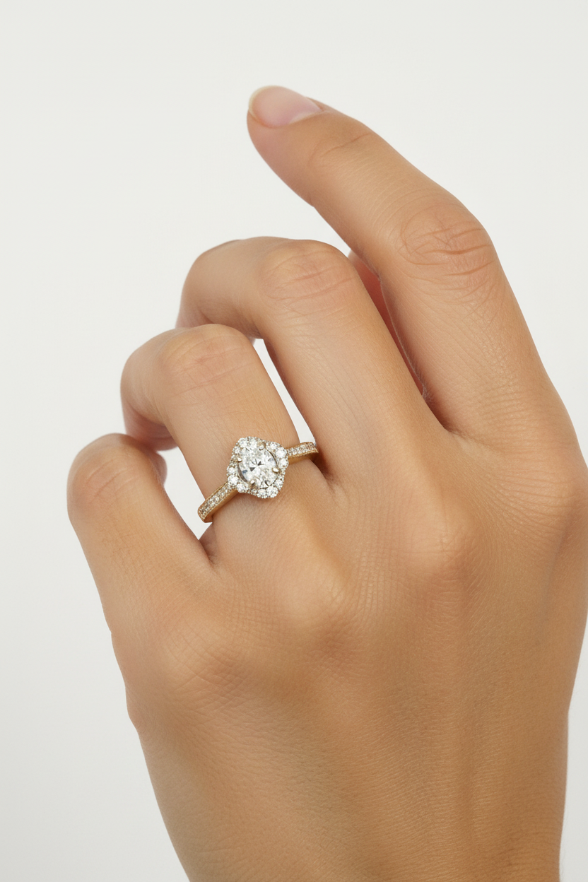 14K yellow gold oval halo engagement ring worn on model's hand