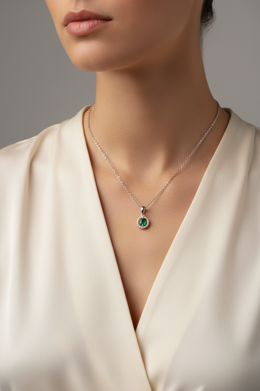 Model wearing 14K white gold oval emerald and diamond halo pendant, true to life scale lifestyle shot