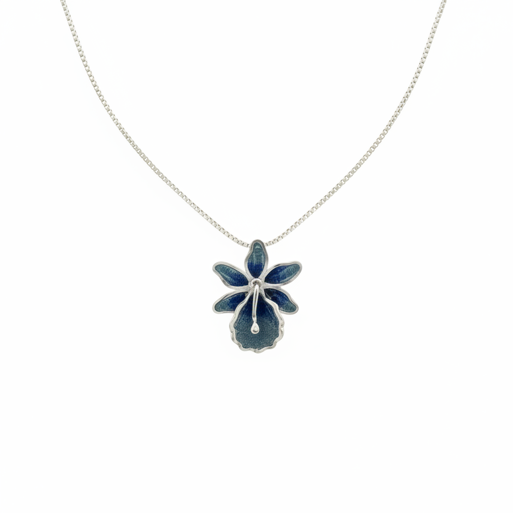 Sterling silver hand-spun filigree blue enamel flower pendant necklace on white background