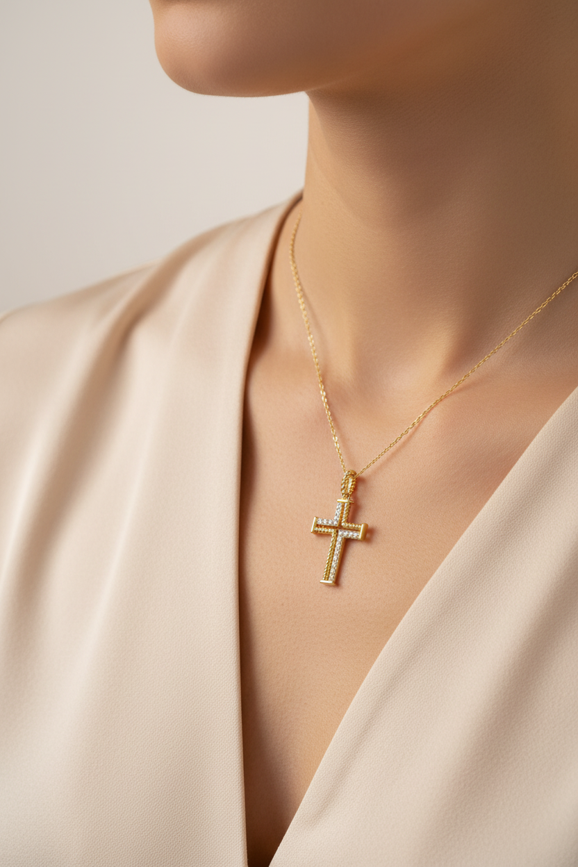 14K Yellow Gold Contemporary Diamond Cross Pendant lifestyle photo – dainty scale