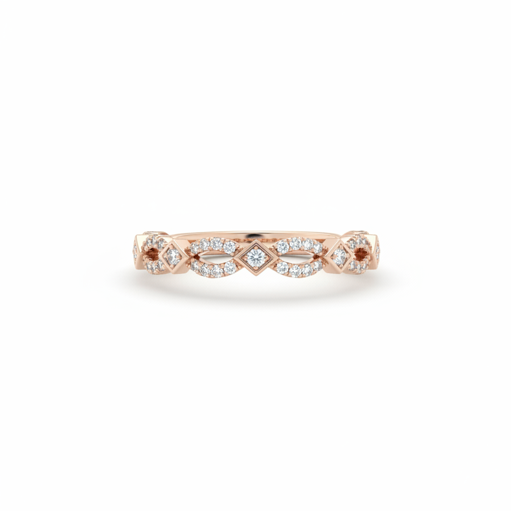 14K rose gold diamond milgrain stackable band ring on white background