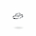 1.00ctw heart shaped diamond halo engagement ring in 14kt white gold suspended on white background