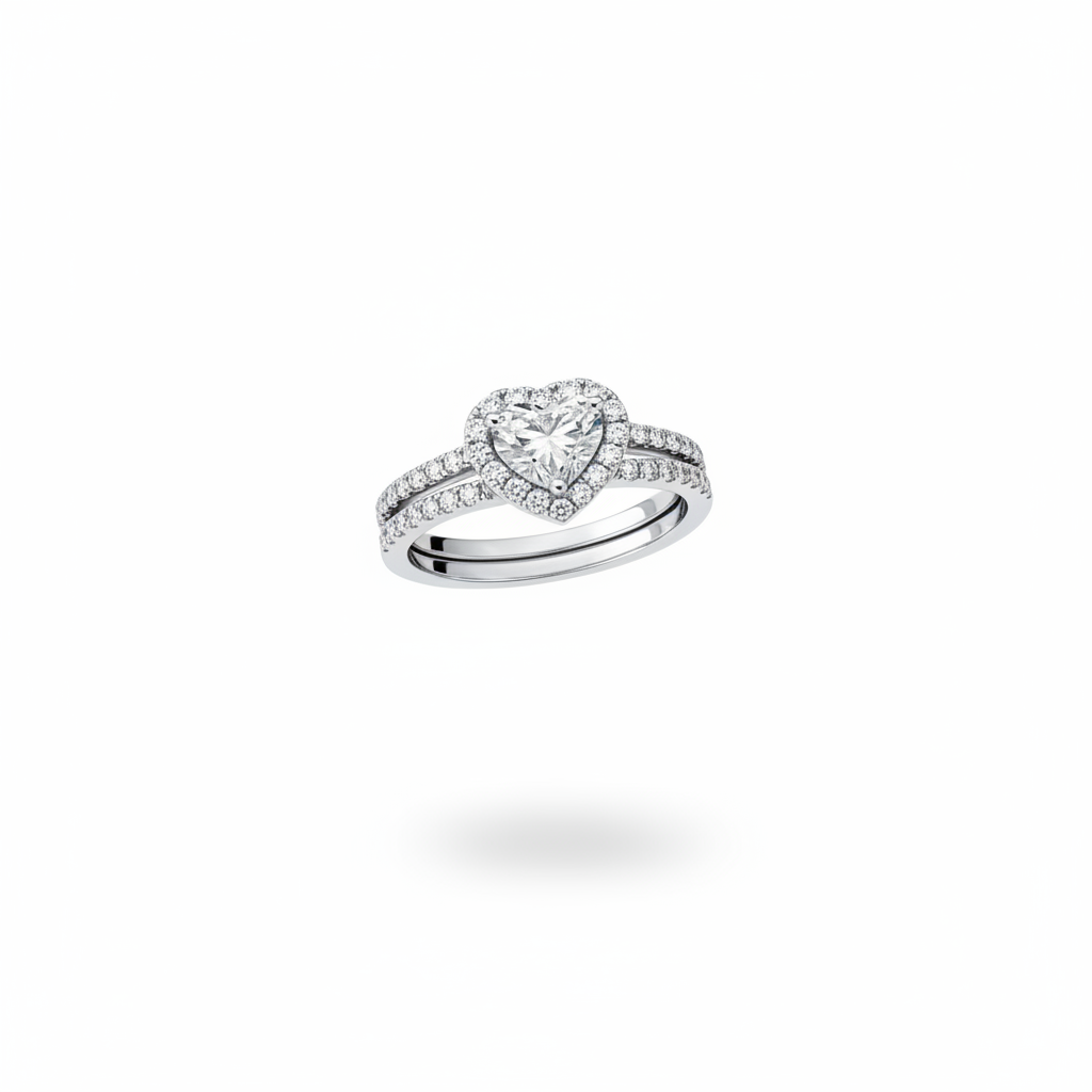 1.00ctw heart shaped diamond halo engagement ring in 14kt white gold suspended on white background